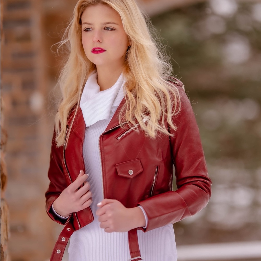 ‼️ Red Faux Leather Vegan Biker Moto Jacket - Picture 2 of 5